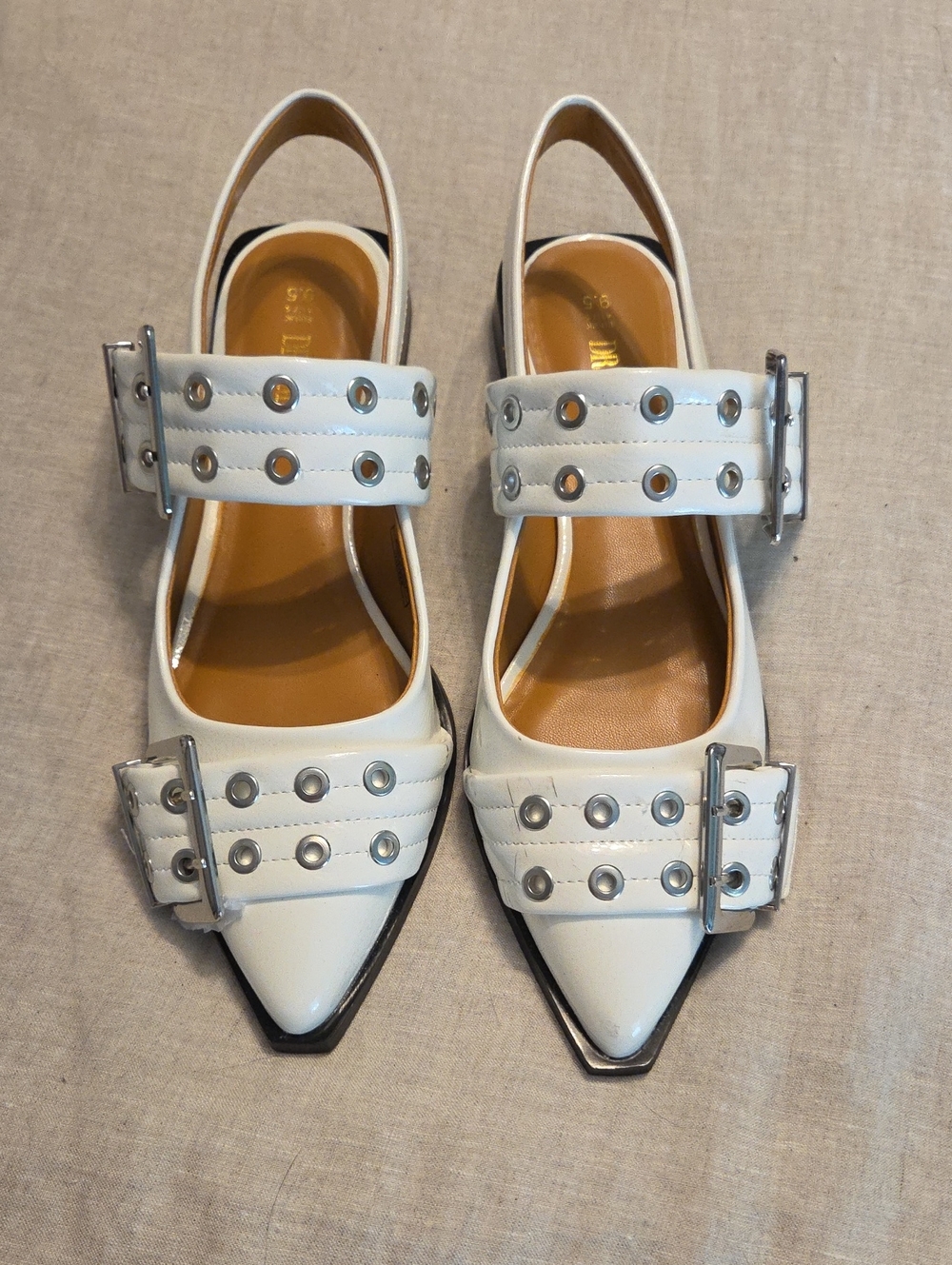 Pointed White Slingback Mules with Studded Buckle Straps